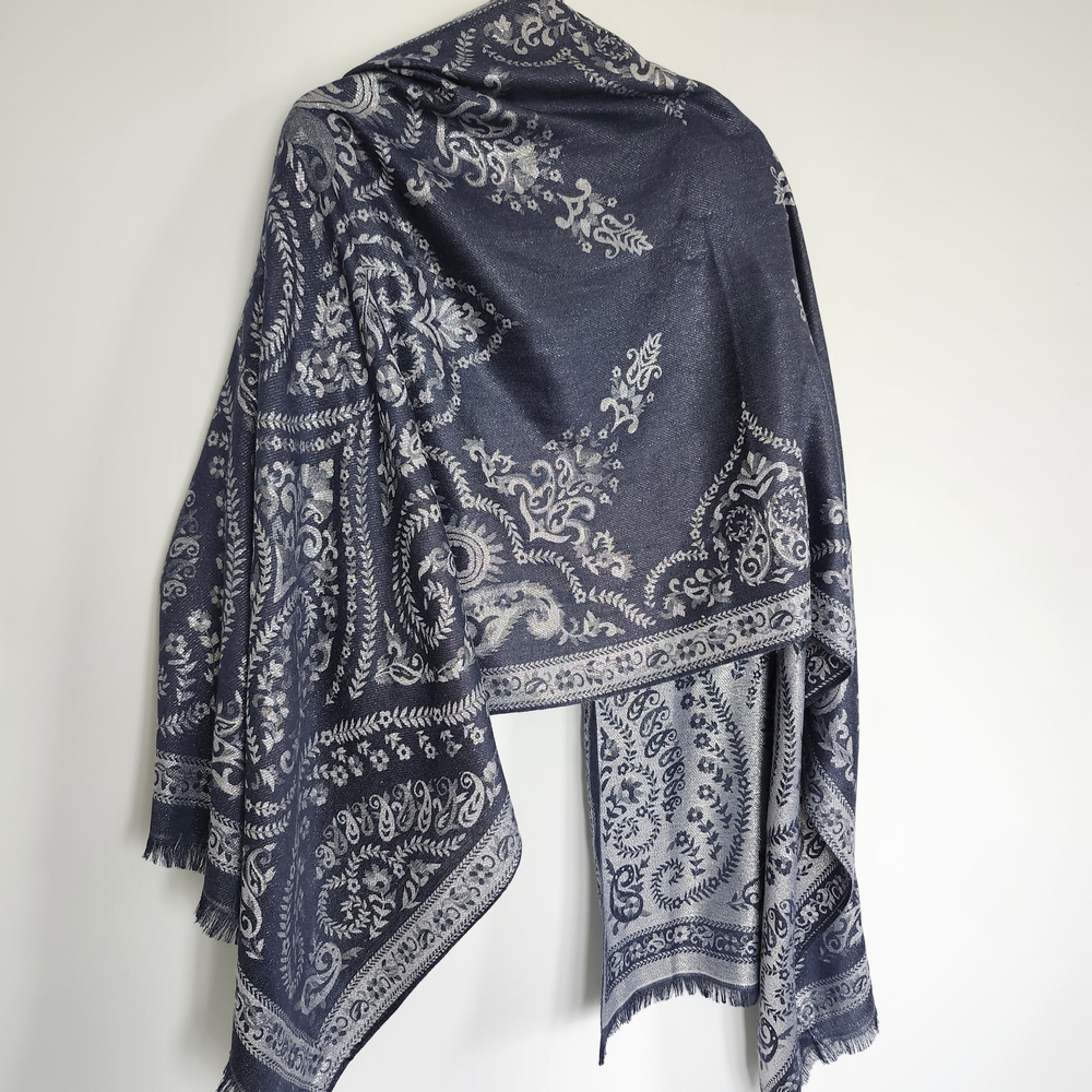 Scarf Navy Blue Silver Metallic Paisley Wrap Shawl 2 Sided Design